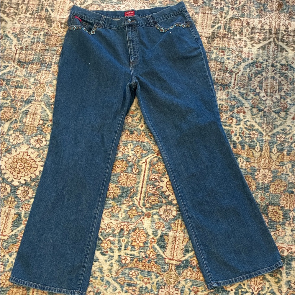 Chaps Denim Blue Jeans with turquoise beads on front pockets size 16